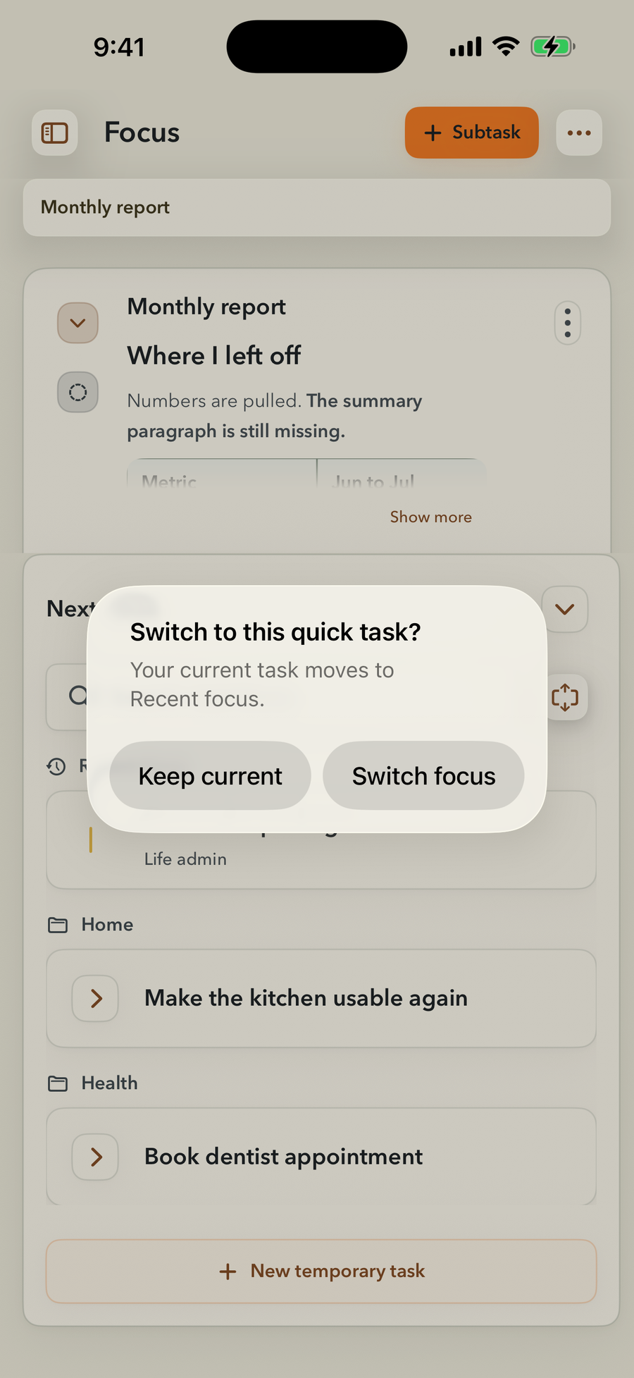 FinishTrax asking Switch to this quick task? with the explanation Your current task moves to Recent focus, and two buttons: Keep current and Switch focus. Behind the dialog, the Monthly report branch and the Next focus panel are both still open.