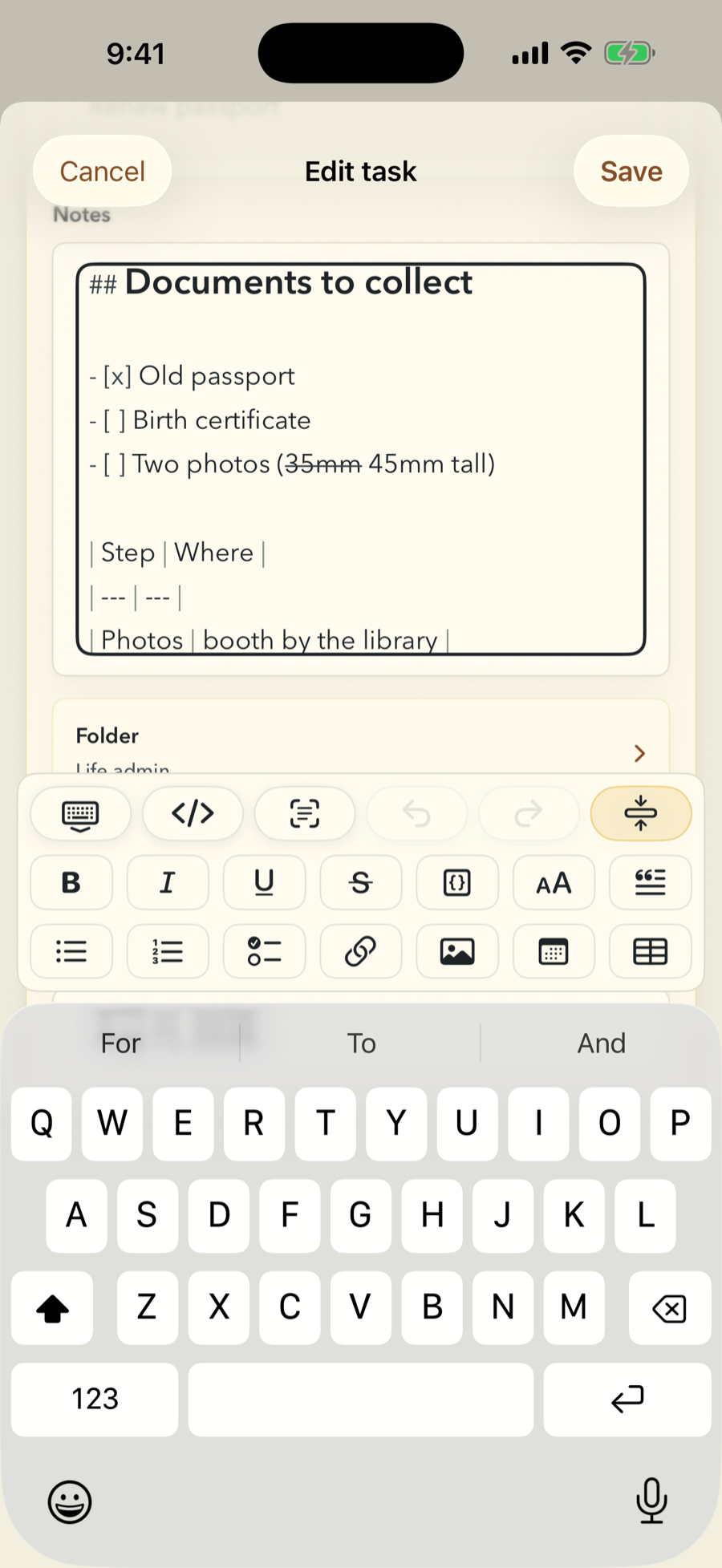 The FinishTrax note editor open on the Renew passport task with the on-screen keyboard up. The note reads Documents to collect as a heading, then a checklist with Old passport ticked, Birth certificate and Two photos still open and 35mm struck through, then the first rows of a Step and Where table. Three toolbar rows sit above the keyboard: keyboard, raw Markdown, format, undo and redo; bold, italic, underline, strikethrough, code, heading and quote; bullet list, numbered list, checklist, link, image, date and table.