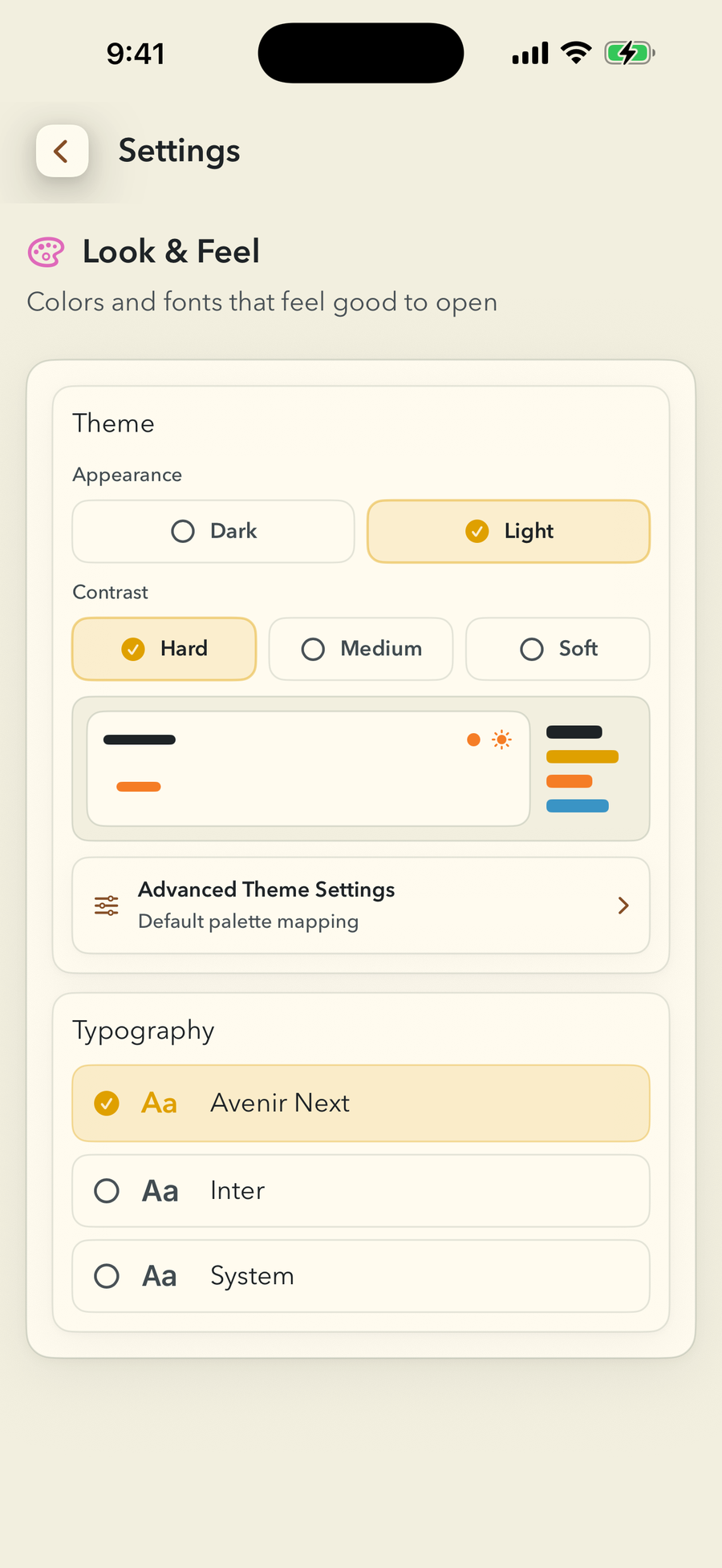 FinishTrax Look & Feel settings. Appearance is set to Light and Contrast to Hard, with a live preview strip below and a Typography list offering Avenir Next, Inter and System.