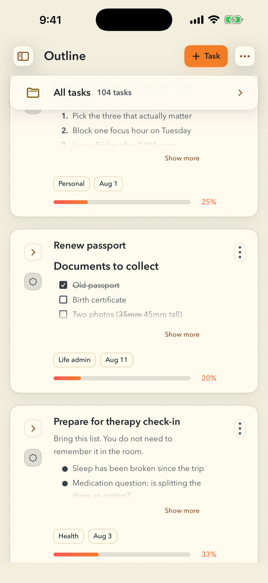 Two FinishTrax task cards with their Markdown notes rendered inline. Renew passport carries a heading reading Documents to collect above a checklist — Old passport ticked off, Birth certificate and Two photos still open, with 35mm struck through and corrected to 45mm. Prepare for therapy check-in below it opens Bring this list. You do not need to remember it in the room, above a bullet list starting Sleep has been broken since the trip.