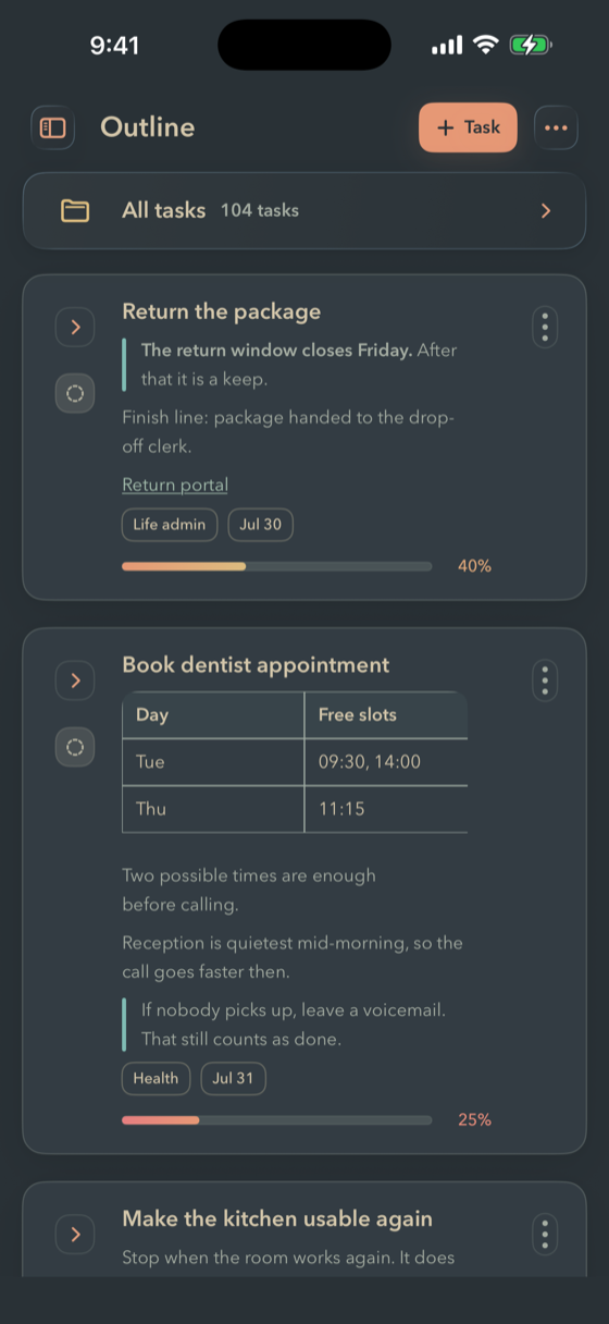 The same FinishTrax Outline screen in the Dark Soft theme.