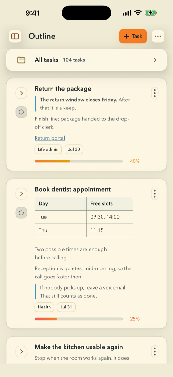 The same FinishTrax Outline screen in the Light Medium theme.