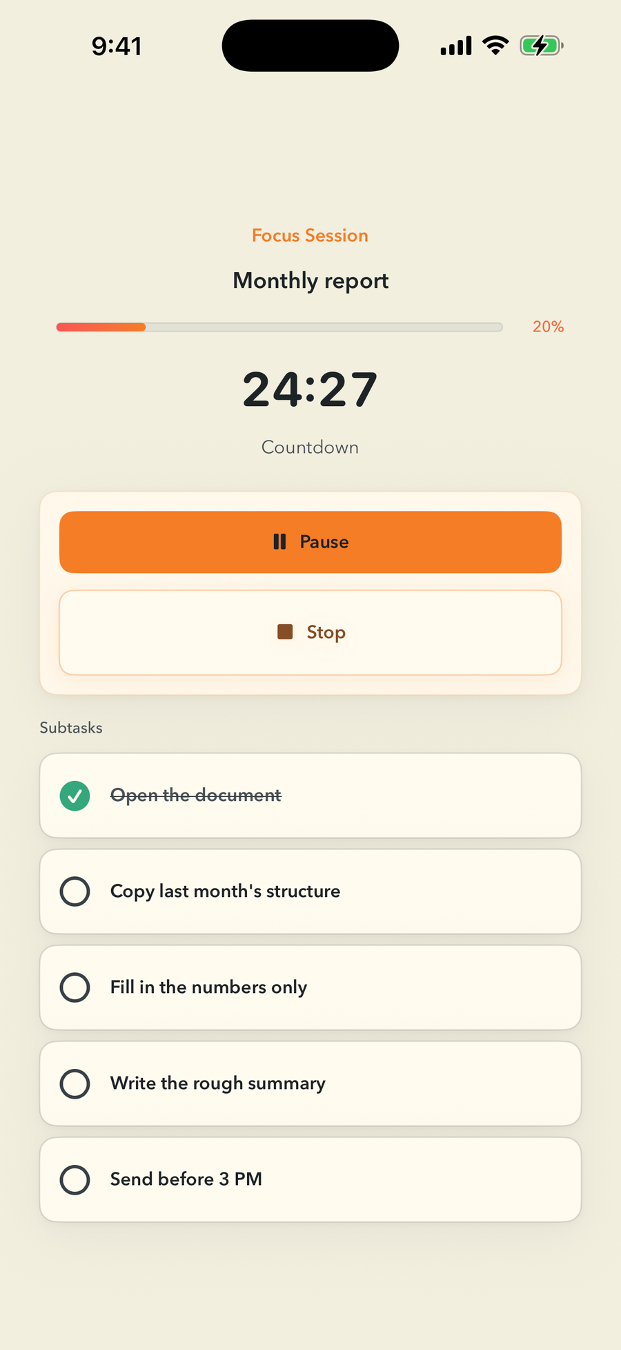 The FinishTrax focus session screen for the task Monthly report. Under a Focus Session label the task's progress bar reads 20 percent, above a large countdown with roughly 24 minutes left and the word Countdown. Pause and Stop buttons sit below, and under a Subtasks heading five rows follow: Open the document ticked off and struck through, then Copy last month's structure, Fill in the numbers only, Write the rough summary, and Send before 3 PM.